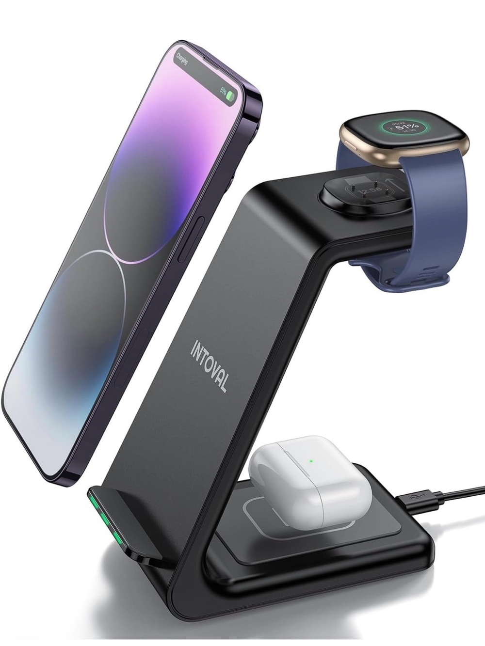 Intoval 3-in-1 Fitbit, Phone, and AirPods Wireless Charging Stand - Black